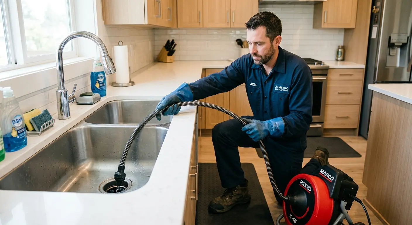 Drain cleaning technician using a motorized snake on a kitchen sink in Selma