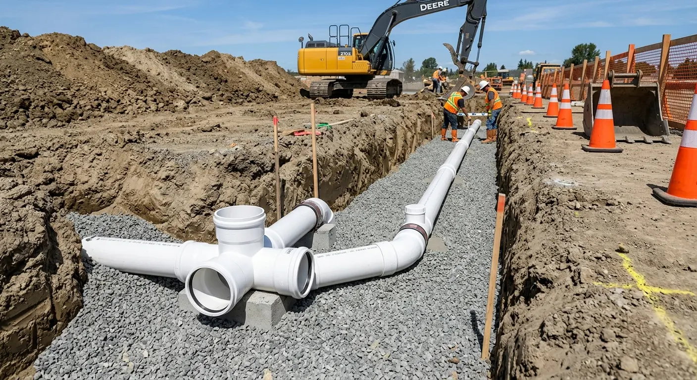New PVC sewer pipe installation in open trench for Sewer Backup in Selma