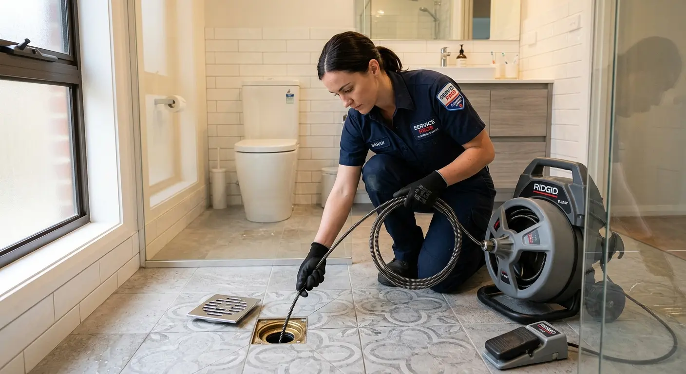 Technician clearing a bathroom floor drain for Hydro Jetting in Selma